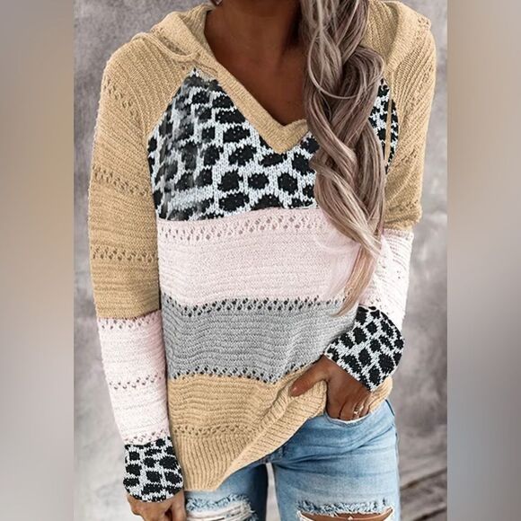 Misslook Fall Animal Print Color Block V Neck Woven Sweater Hoodie Women’s L - Picture 1 of 6